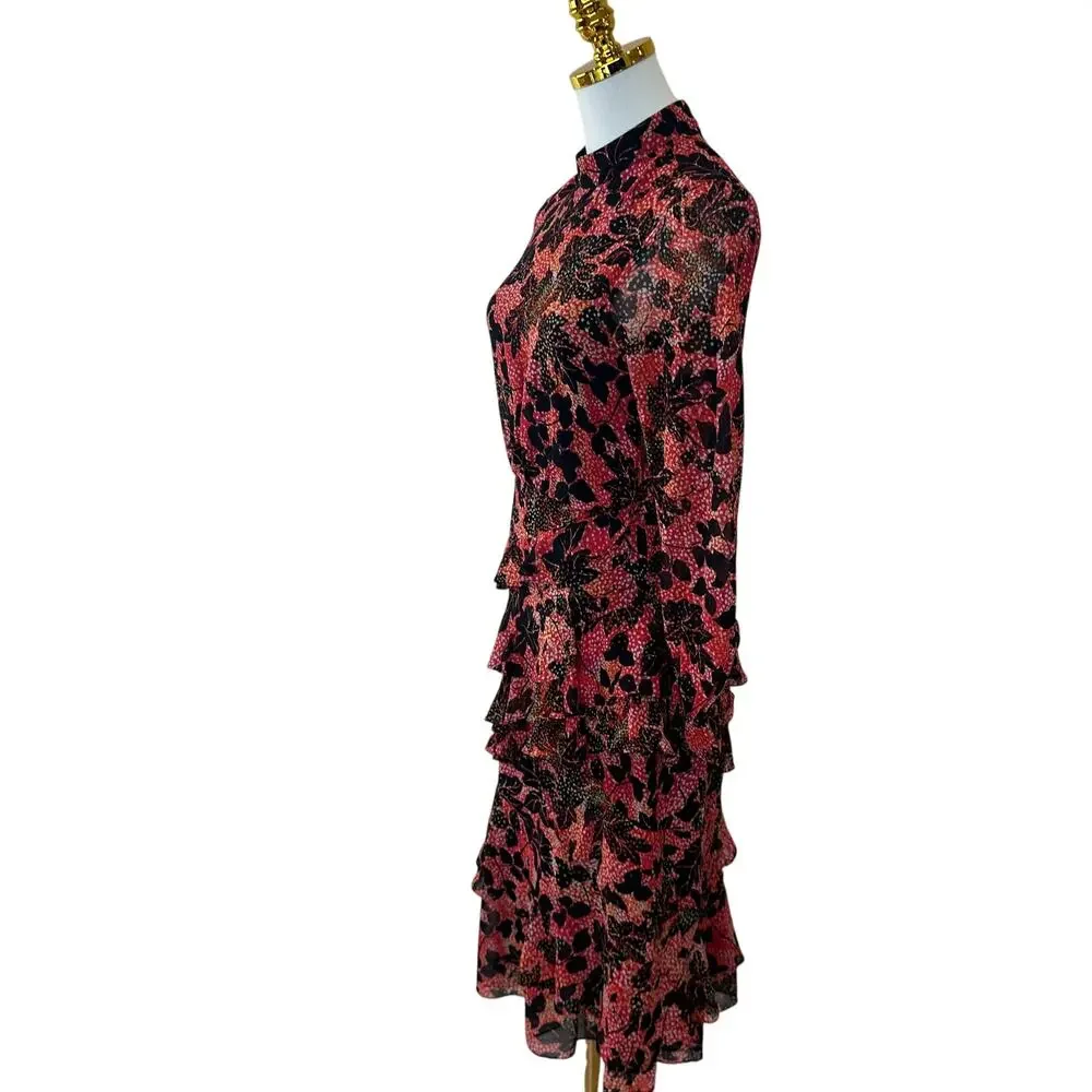 Saloni Floral Chiffon Midi Dress SIZE 4 Silk Ruffle Mockneck Work Designer $700 - Picture 10 of 12
